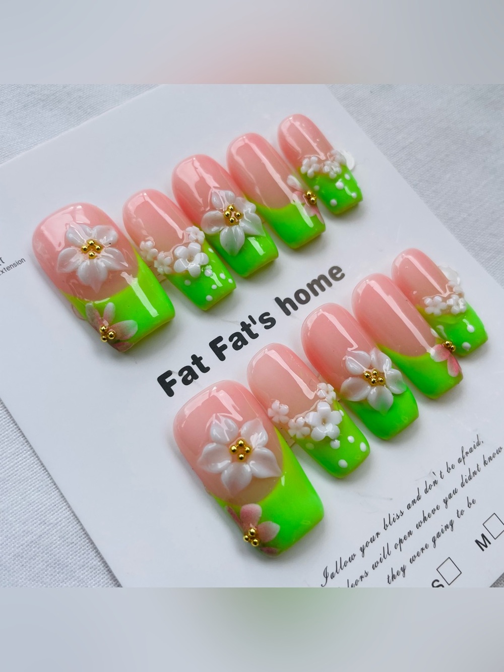 NEW Handmade Neon Green French Tip 3D Flower PressOn Nail Set | Large | Square